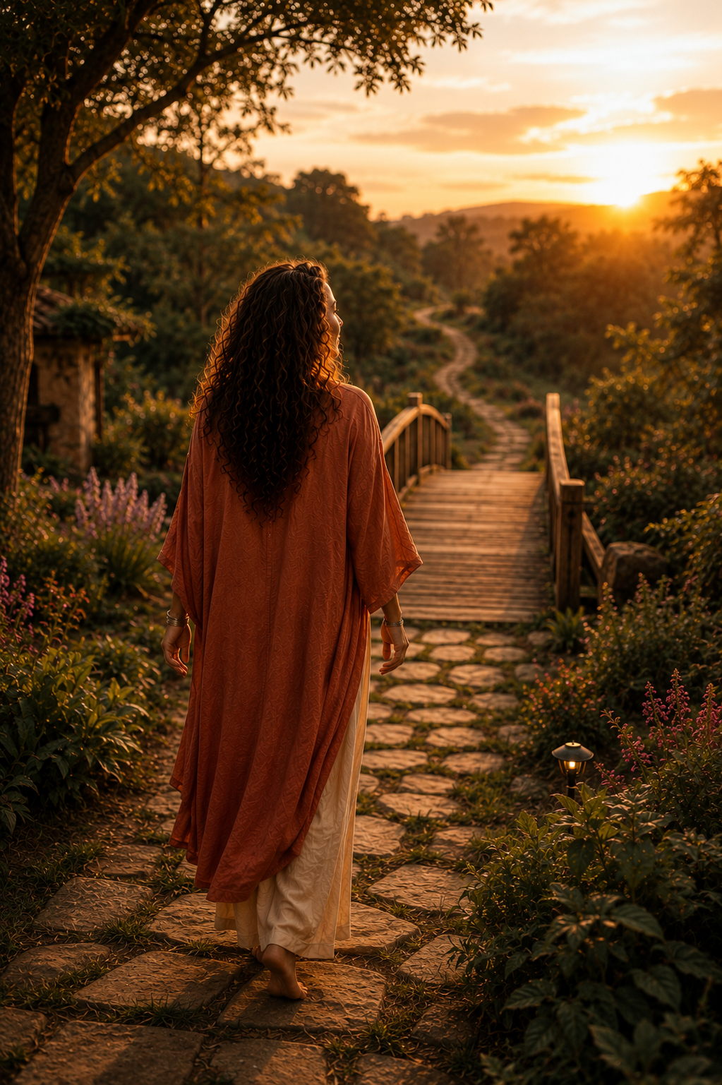 Mulher caminhando por uma ponte de madeira ao entardecer